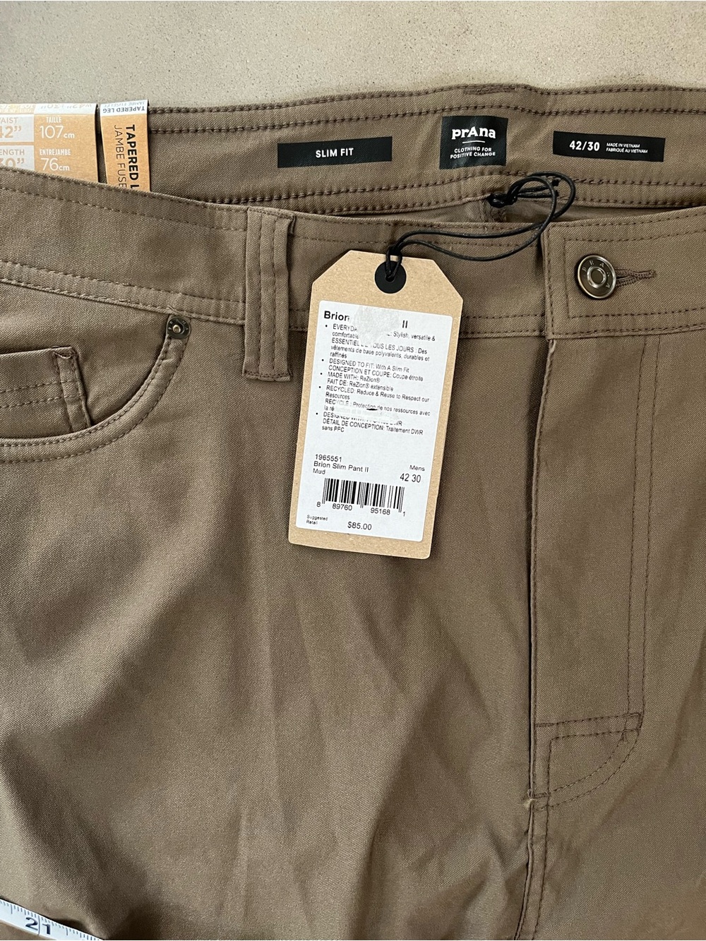 prAna Brion Slim Pant II Men’s 42x30 Mud Brown ReZion Stretch Hiking Active NWT - Picture 4 of 7